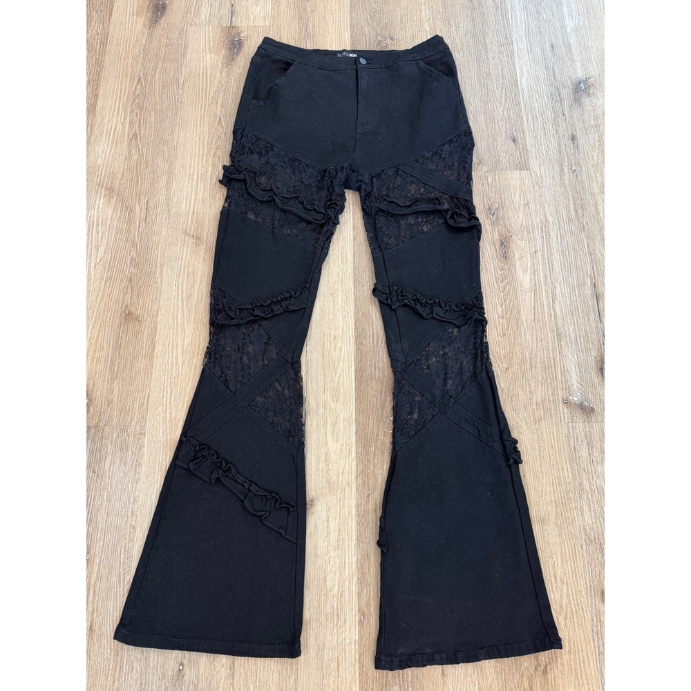 Fashion Nova Dreamcatcher Lace Stretch Flare Jeans Women Sz 15 Black Ruffle Boho